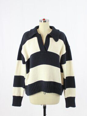 ZARA Navy Ivory Striped Polyester Cotton Knit Polo Sweater, Size L